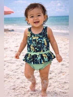 Ruffle Butts Black One-Piece Swim with Yellow Giraffe & Green Peplum